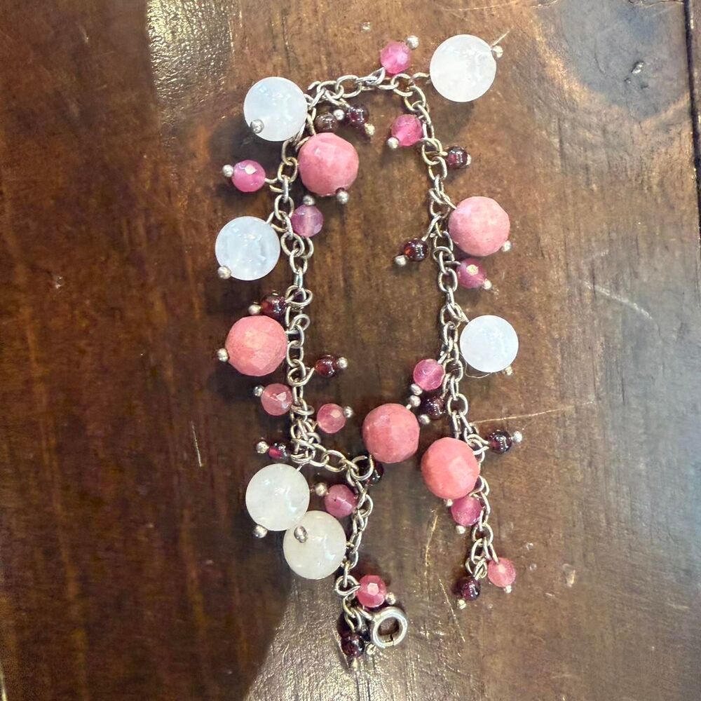Sterling Silver chain with pink and white stone beads